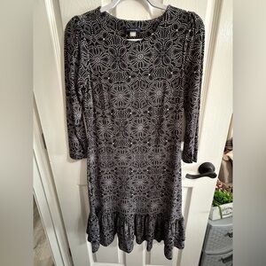 Tommy Hilfiger Black and White Geometric Long Sleeve Dress